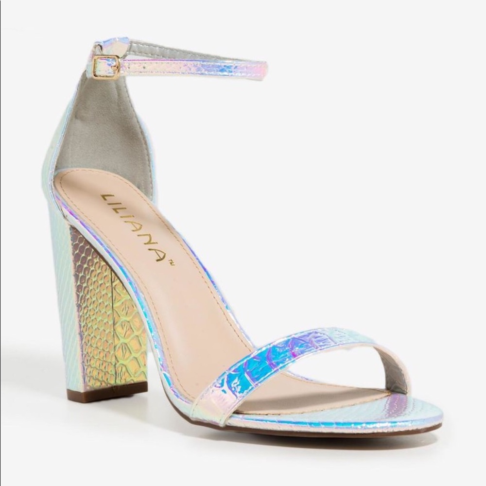 Metallic silver ankle strapped heel